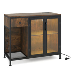 Buffet Sideboard with Power Outlets and LED Light Kitchen Storage Cabinet-Rustic Brown