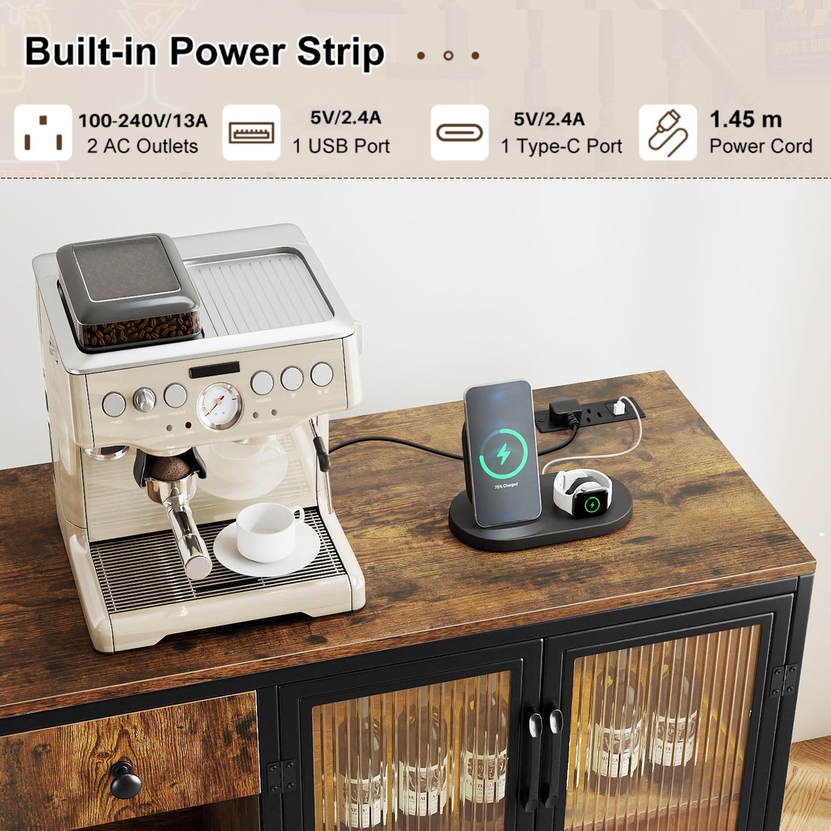 Buffet Sideboard with Power Outlets and LED Light Kitchen Storage Cabinet-Rustic Brown