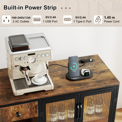 Buffet Sideboard with Power Outlets and LED Light Kitchen Storage Cabinet-Rustic Brown