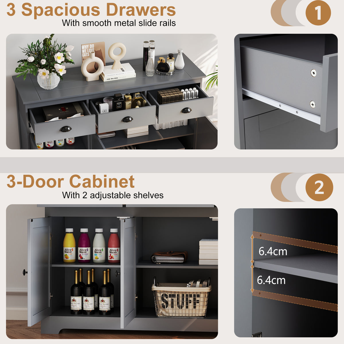 Modern Buffet Sideboard 136cm Storage Cabinet with 3 Drawers-Grey
