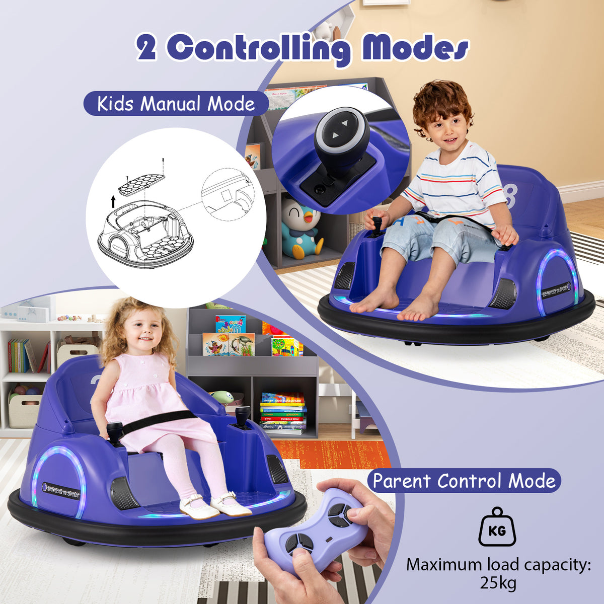 6V Kids Ride on Battery Powered Bumping Car with Flashing LED Lights-Purple