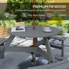 Outsunny Wooden Garden Dining Set, 6 Seater Round Dining Picnic Table with Matching Bench, Garden Furniture Set with Parasol Hole for Outdoor Patio Party and Family Gatherings, Grey