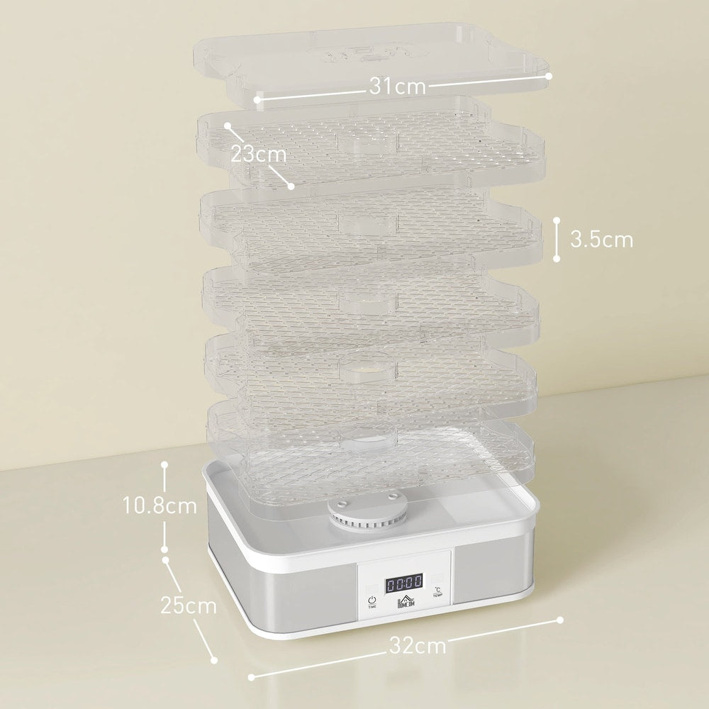 Exploded view of the food dehydrator showing the five stackable trays and base unit