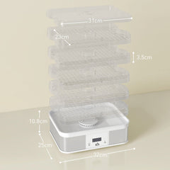 Exploded view of the food dehydrator showing the five stackable trays and base unit