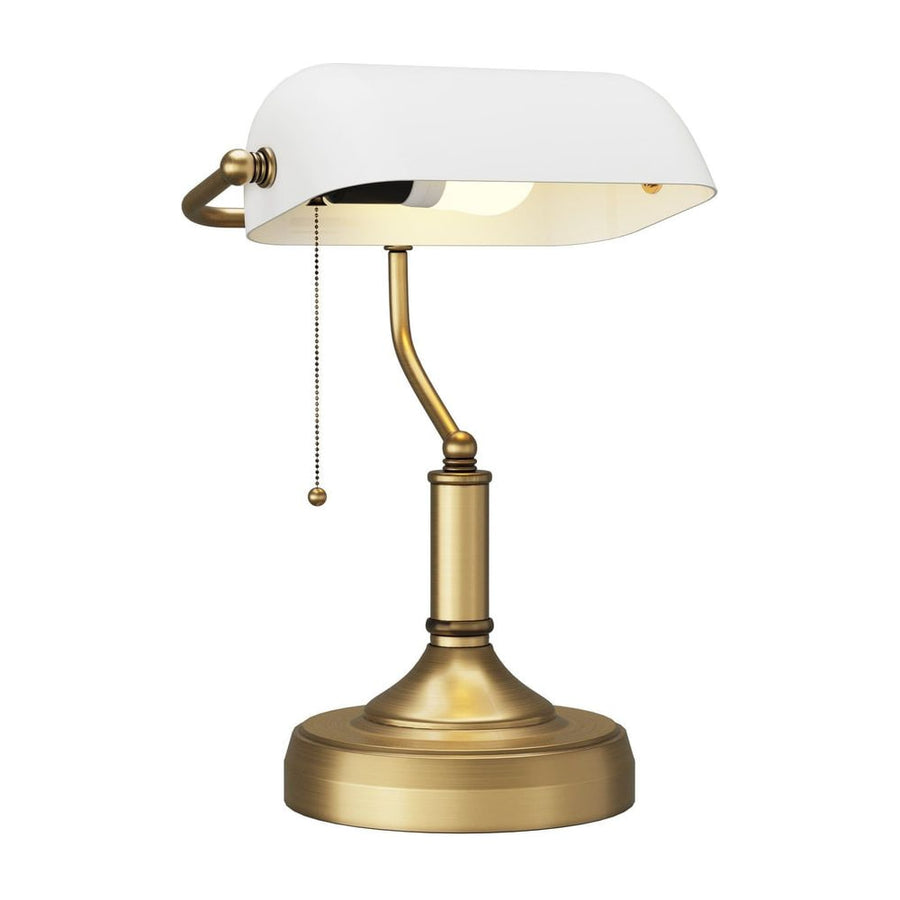 HOMCOM Banker's Desk Lamp with Antique Bronze Tone Base, Table Lamp with White Glass Shade for Home Office, White
