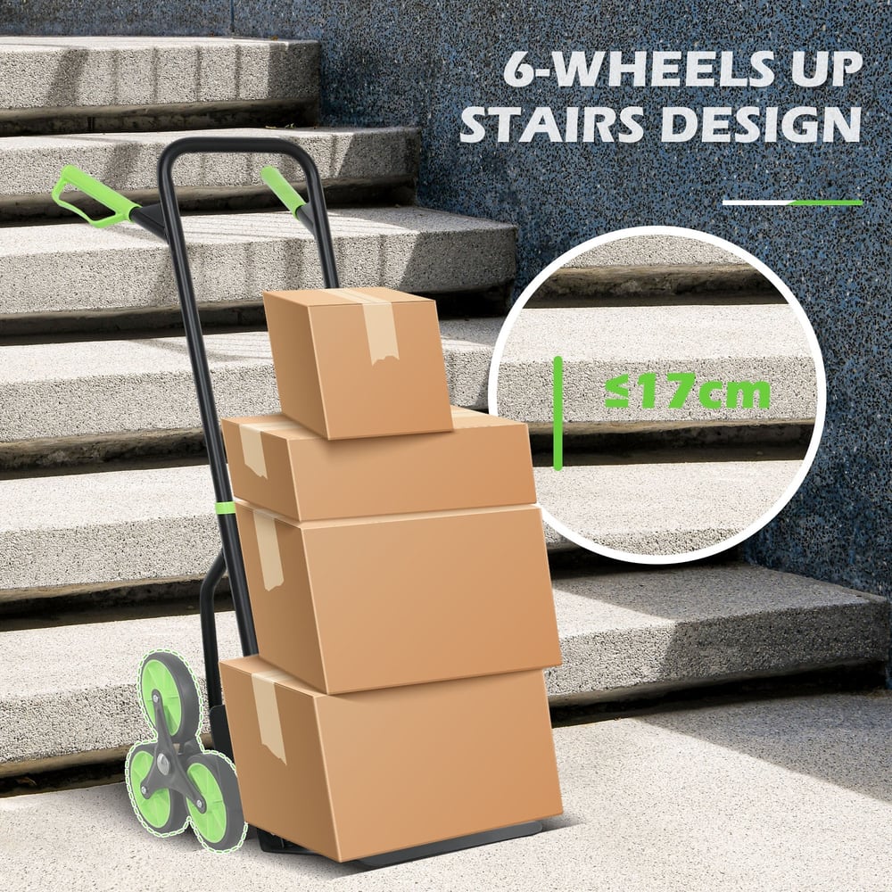 The folding sack barrow carrying a stack of cardboard boxes up a set of concrete stairs