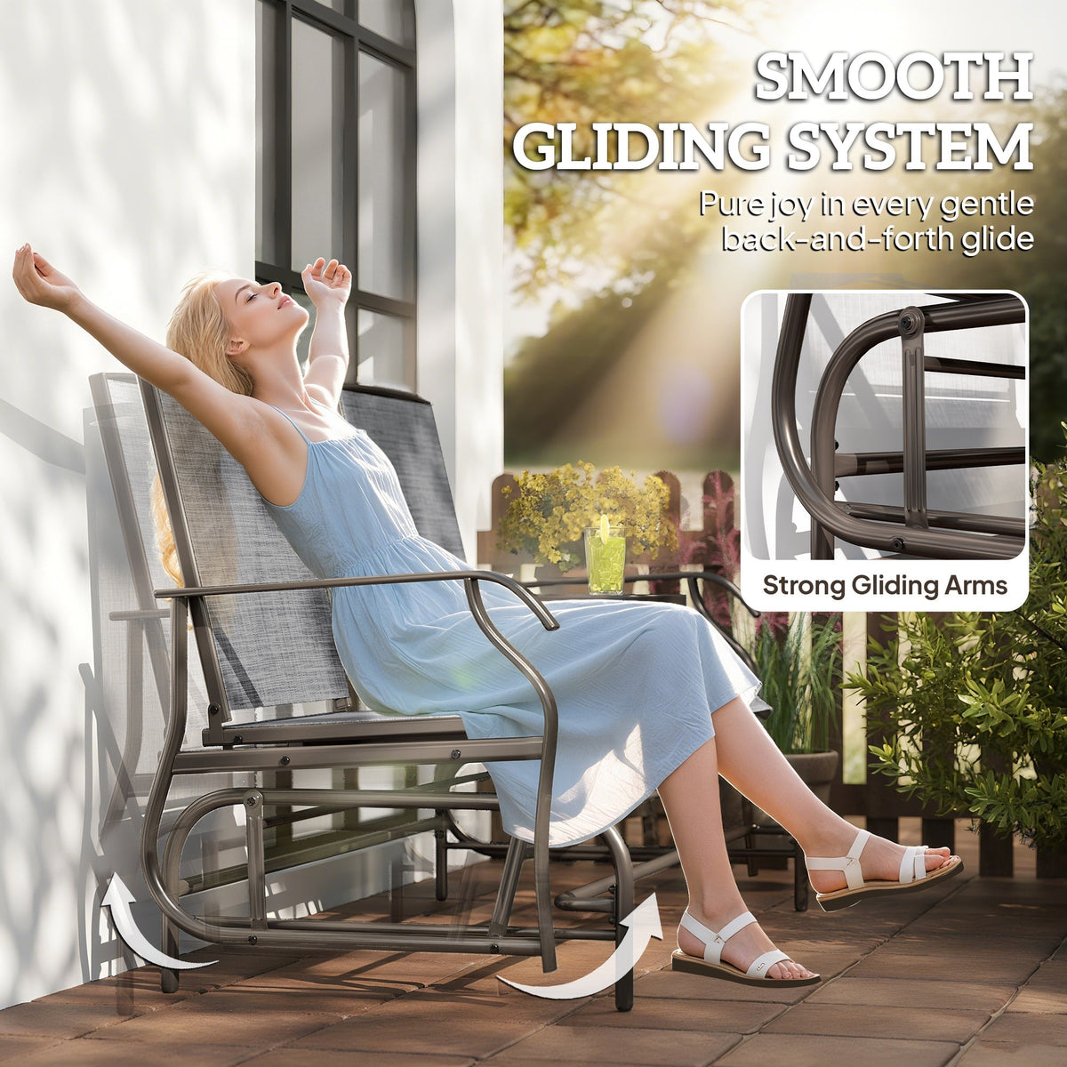 Outsunny 2 Seats Garden Glider Bench, Metal Frame Loveseat with Glass Top Centre Table, Porch Rocking Glider for 2 Person, for Deck, Patio, Brown/ Grey