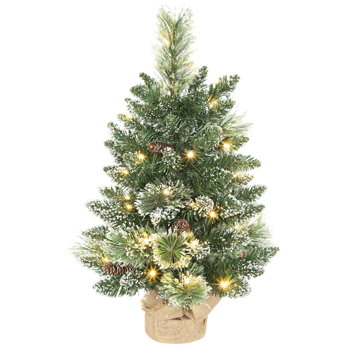 HOMCOM 60 cm Prelit Small Christmas Tree, Snow Flocked Tabletop Mini Xmas Tree with 35 LED Lights, Pine Cones and Linen Cover Base, Battery Operated, Green