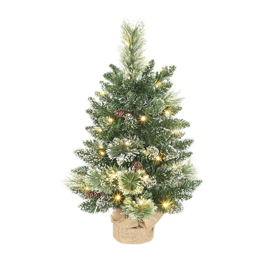 HOMCOM 60 cm Prelit Small Christmas Tree, Snow Flocked Tabletop Mini Xmas Tree with 35 LED Lights, Pine Cones and Linen Cover