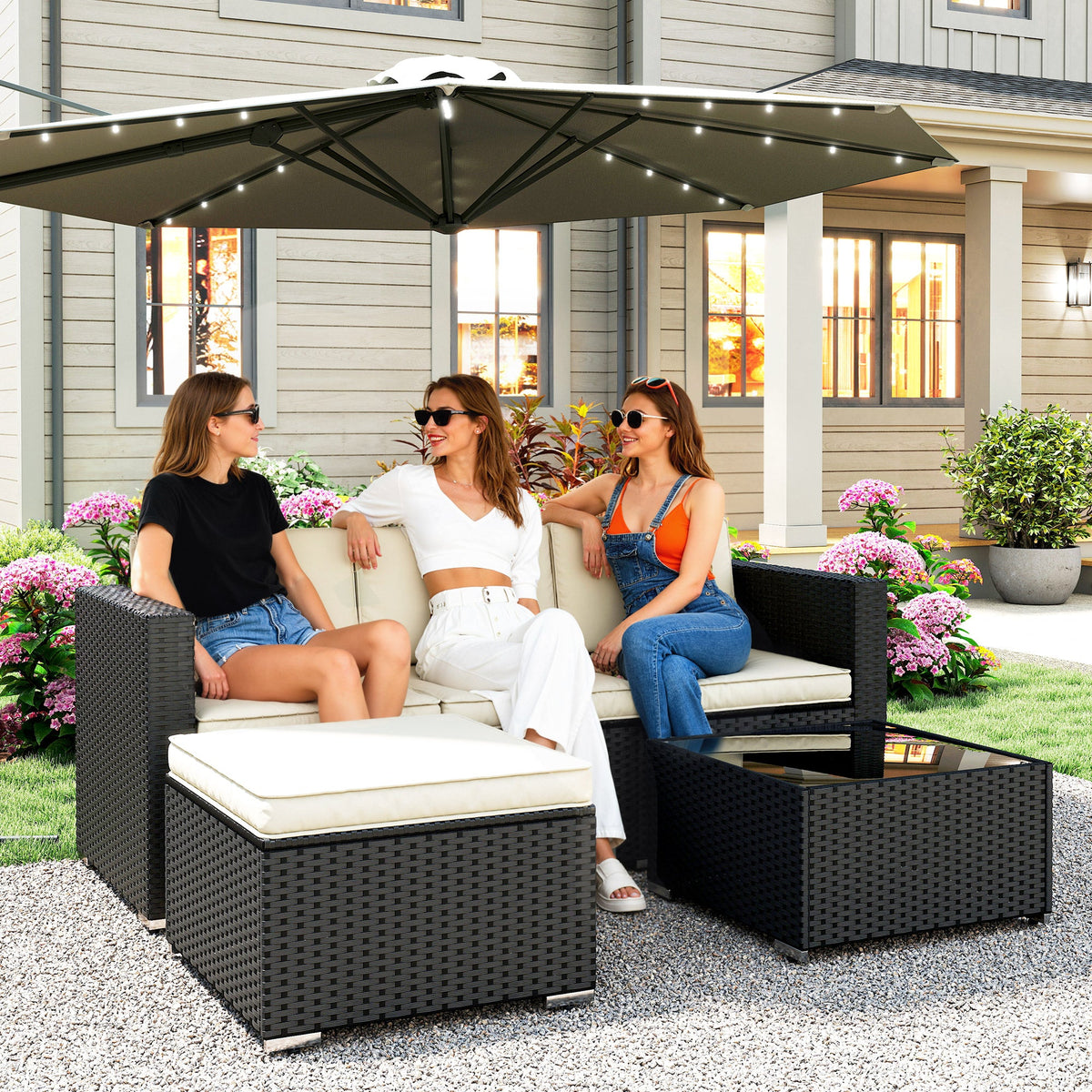 Outsunny 3 Pieces Garden Furniture Set w/ Cushions, PE Rattan Wicker Conversation Corner Sofa Set