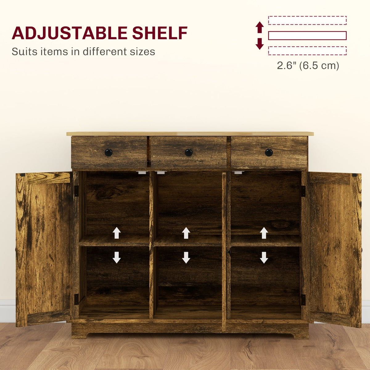 HOMCOM Sideboard with Rubberwood Top and Adjustable Shelves for Dining Room, Kitchen - Rustic Brown