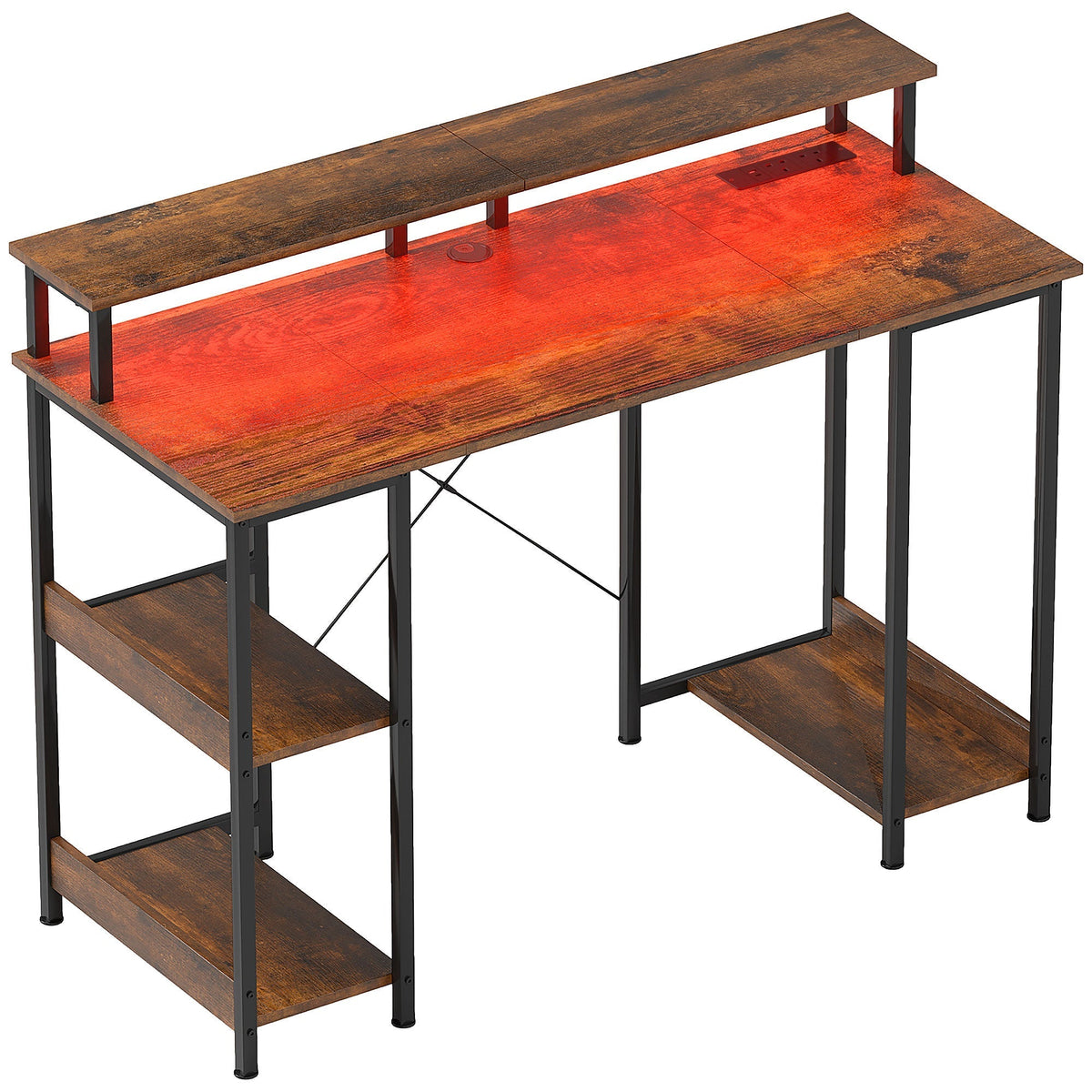HOMCOM LED Computer Desk, with Power Outlets and Shelves - Rustic Brown