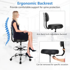 The ergonomic drafting chair with a woman demonstrating backrest adjustment and seat removal