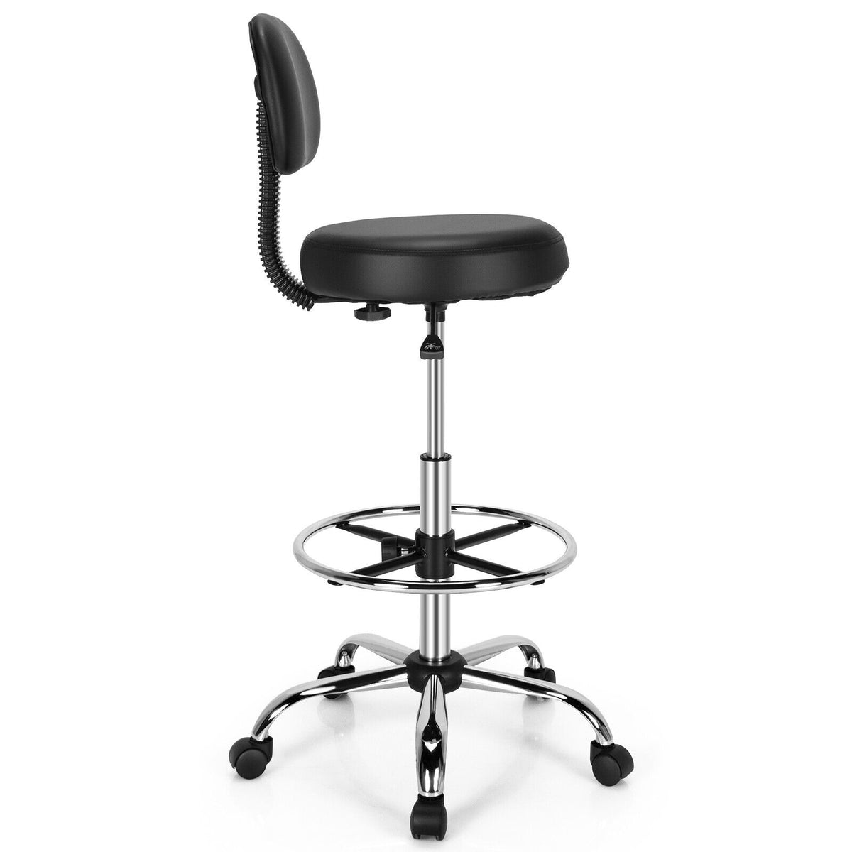 A black drafting chair with a backrest and footrest, shown from a side angle