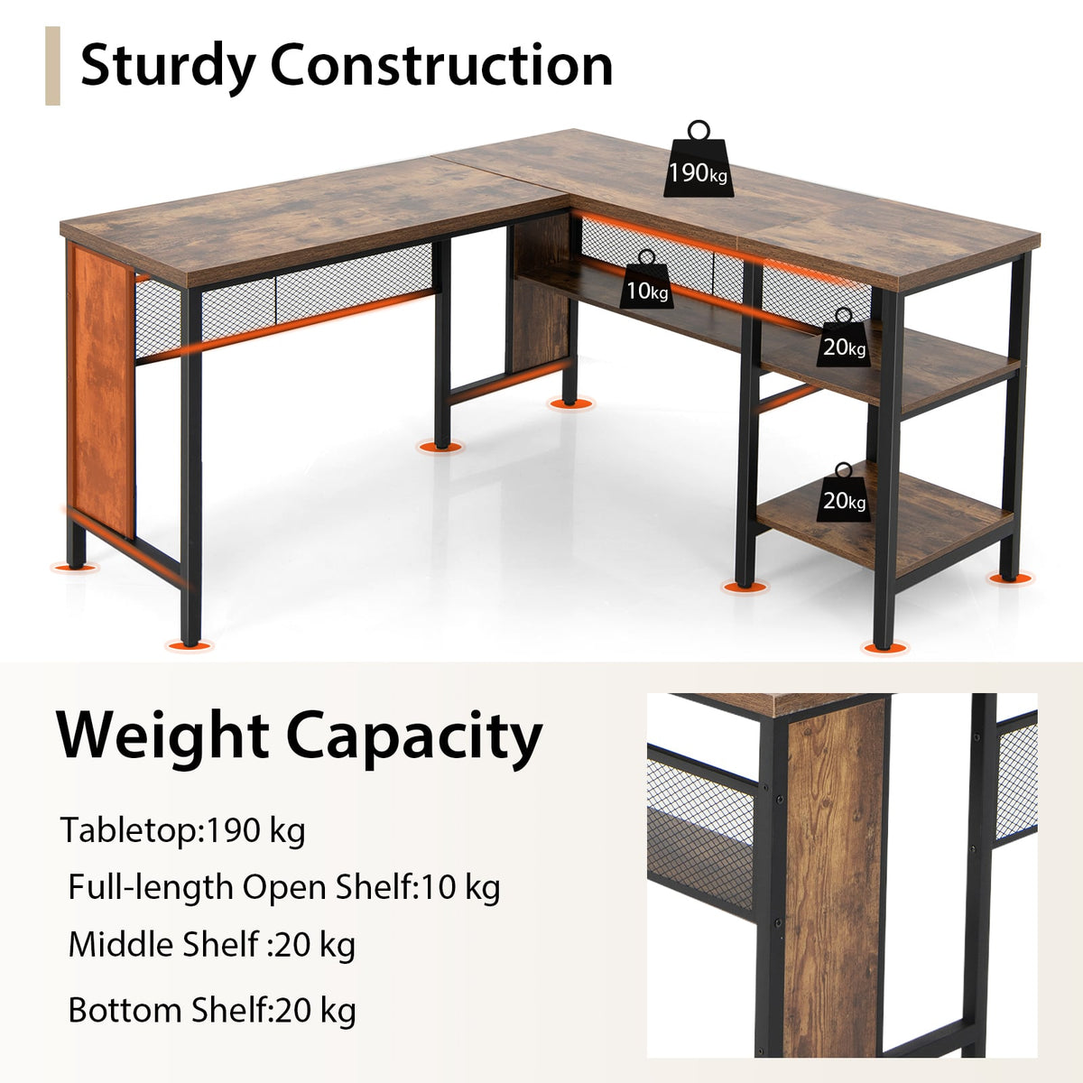 150 x 140 x 75cm Large Corner L-Shaped Computer Desk with 3 Storage Shelves-Rustic Brown