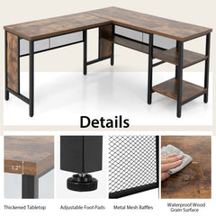 150 x 140 x 75cm Large Corner L-Shaped Computer Desk with 3 Storage Shelves-Rustic Brown