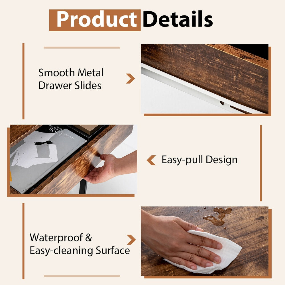 Close up of the product details for the wooden study desk, showing drawer slides and surface