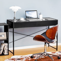 Black wooden study desk with two drawers, shown with a chair and accessories
