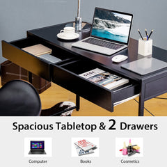 Office desk with two drawers open, showing storage space inside