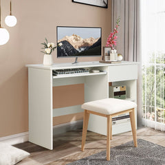 White computer desk with a computer and a stool in a room setting