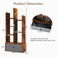Product dimension diagram for the rustic brown wooden bookcase, showing height and width