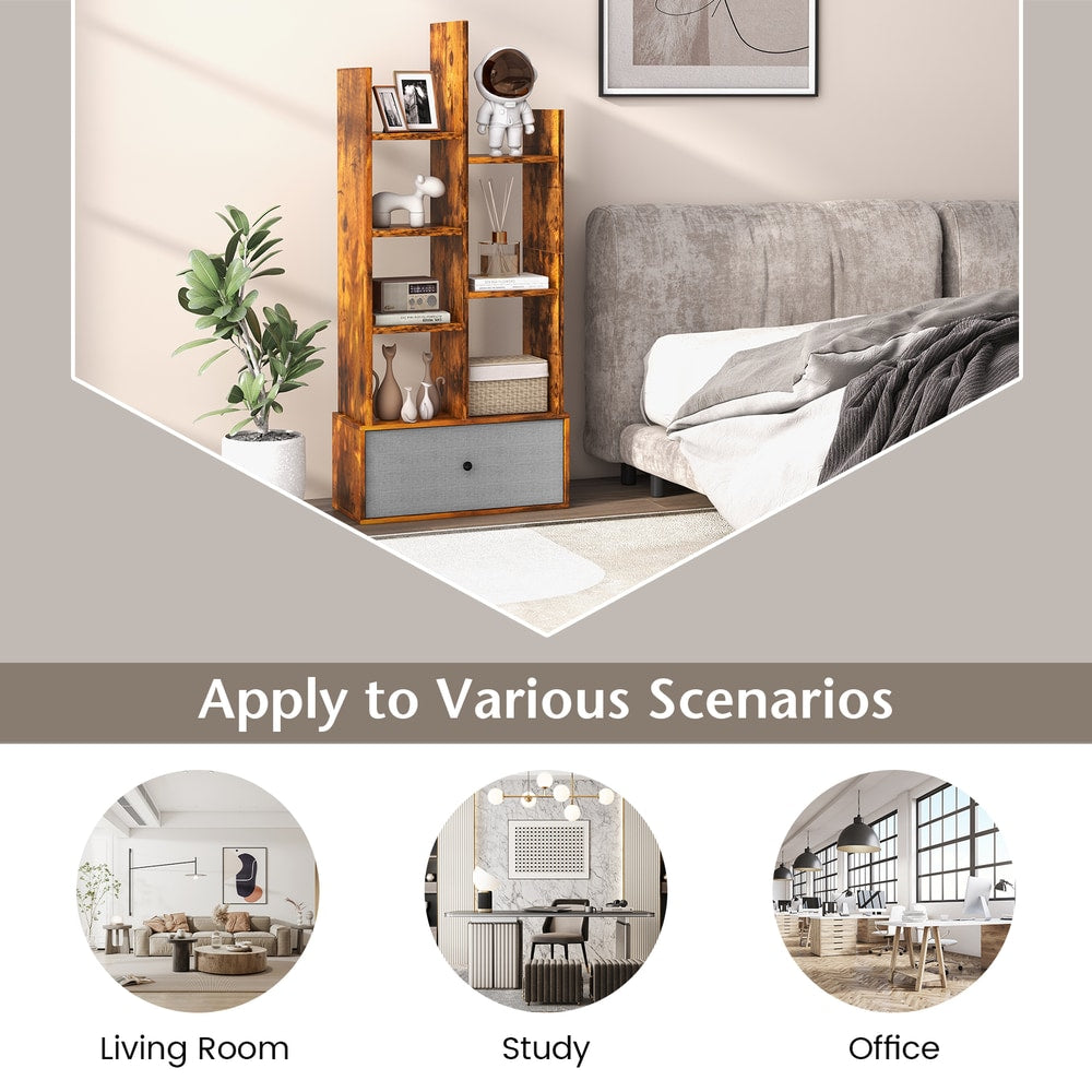 Wooden bookcase with fabric drawer shown in various room settings: living room, study, and office