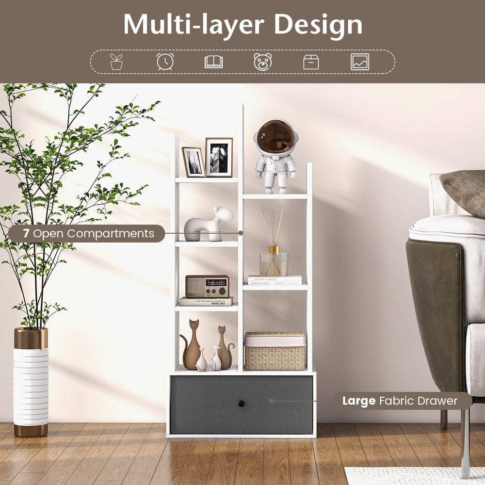 This white bookcase with a grey drawer has text highlighting its multi-layer design and fabric drawer