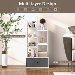 This white bookcase with a grey drawer has text highlighting its multi-layer design and fabric drawer