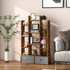 The wooden bookshelf with folding drawer styled with books and ornaments in a living room setting