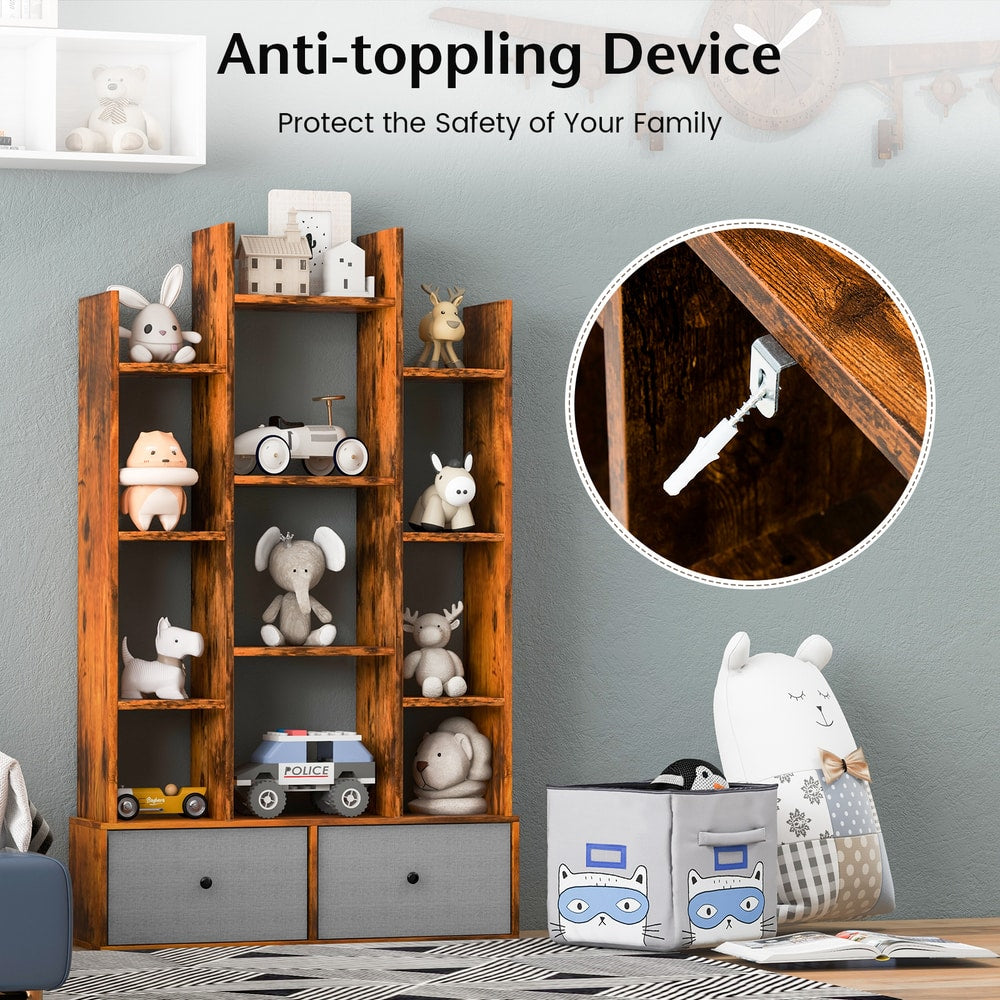 The wooden bookshelf with folding drawer shown with an anti-toppling device attached to the wall