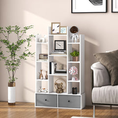 The white wooden bookcase with twelve tiers and two drawers, styled with books and ornaments