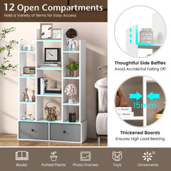 The white wooden bookcase with twelve tiers and two drawers, showing open compartments and baffles