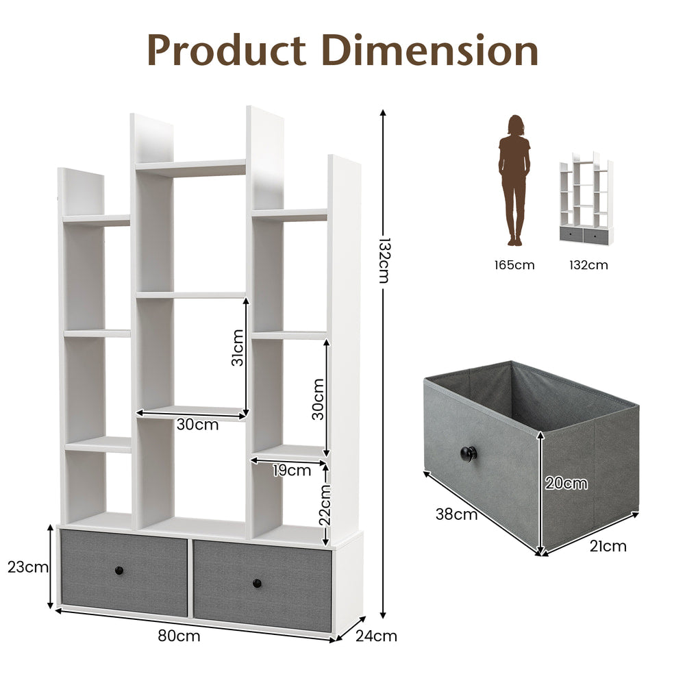 The white wooden bookcase with twelve tiers and two drawers, with product dimensions and drawer size