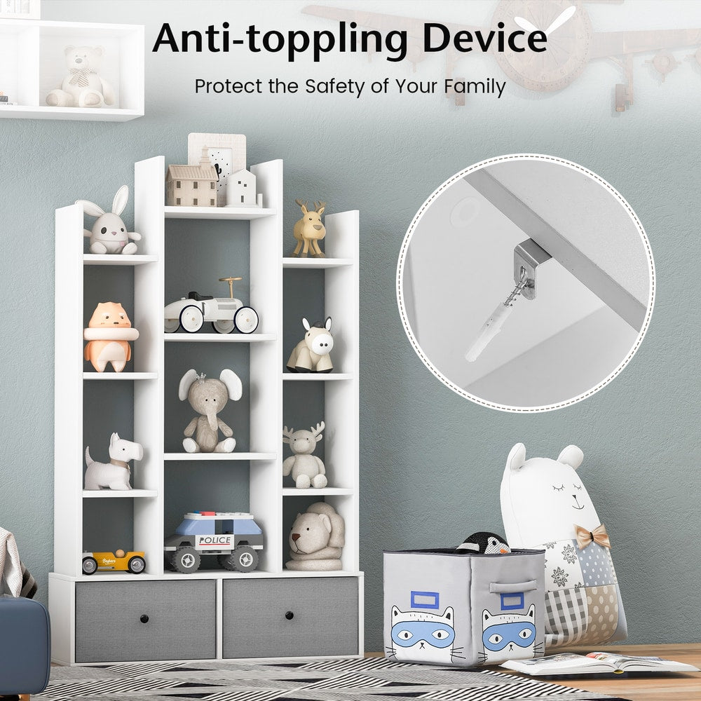 The white wooden bookcase with twelve tiers and two drawers, showing the anti-toppling device