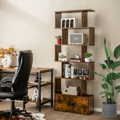 The rustic brown bookcase with cabinet shown in a home office setting with a desk and chair