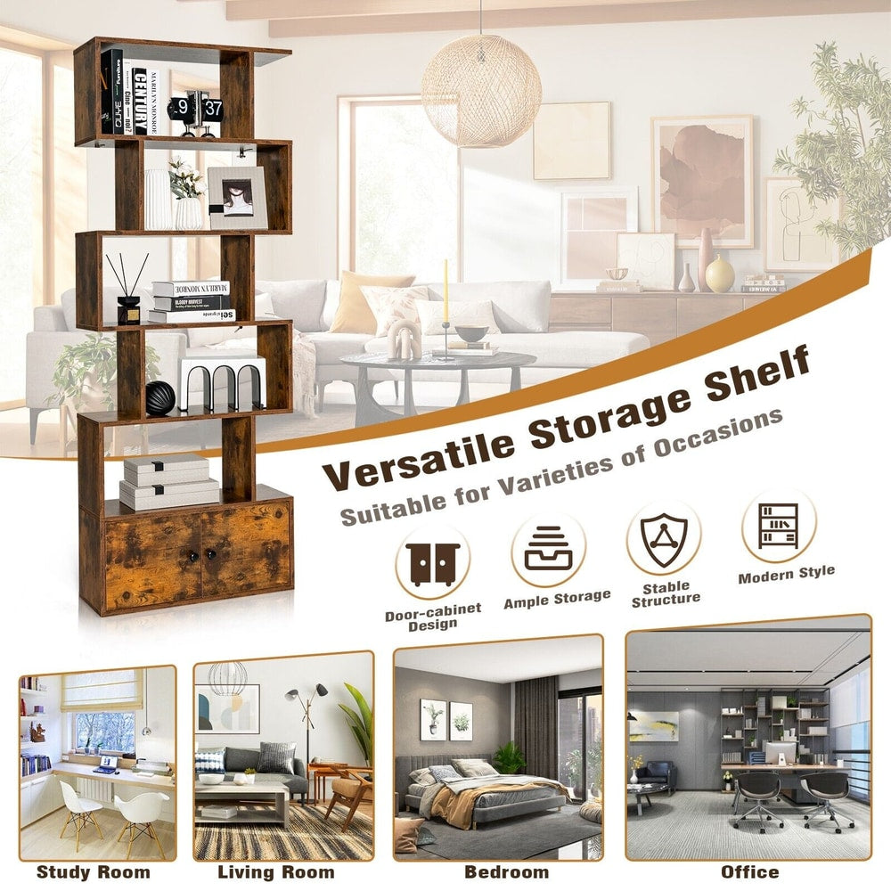 The rustic brown storage shelf shown in a collage of study, living room, bedroom and office settings