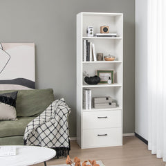 The modern wooden bookcase with six tiers, including four open shelves and two drawers, displayed in a room
