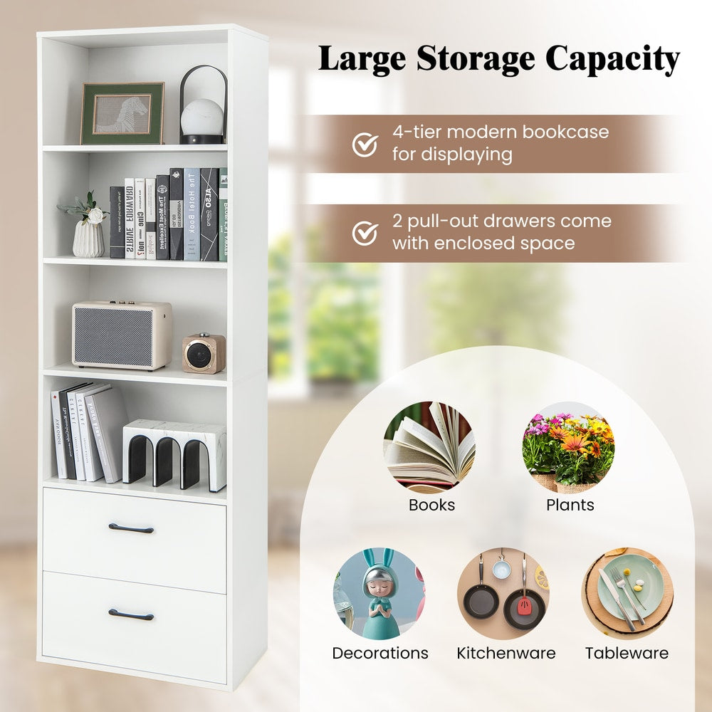 The white bookcase with icons showing examples of items that can be stored on the shelves