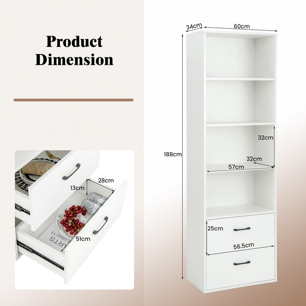 The bookcase with dimension labels and a close-up showing the interior of the drawers