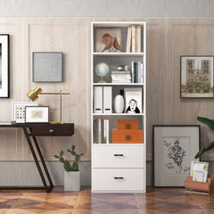 The white bookcase with books, a globe, and decorative items on its shelves and drawers