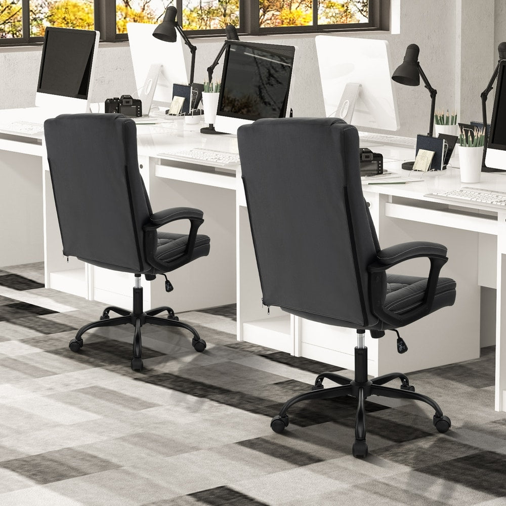The office chair shown from the back in a bright professional office space