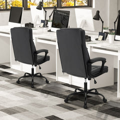 The office chair shown from the back in a bright professional office space