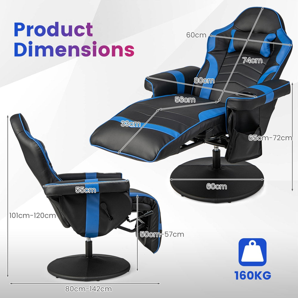 The gaming chair showing various measurements and dimensions for the seat and base