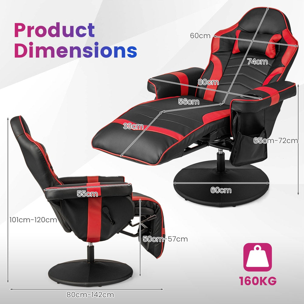 Product dimensions diagram for the red and black gaming chair