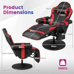 Product dimensions diagram for the red and black gaming chair