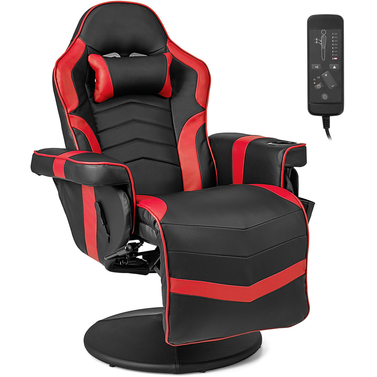 The red and black gaming chair shown from the side with the massage remote