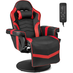 The red and black gaming chair shown from the side with the massage remote