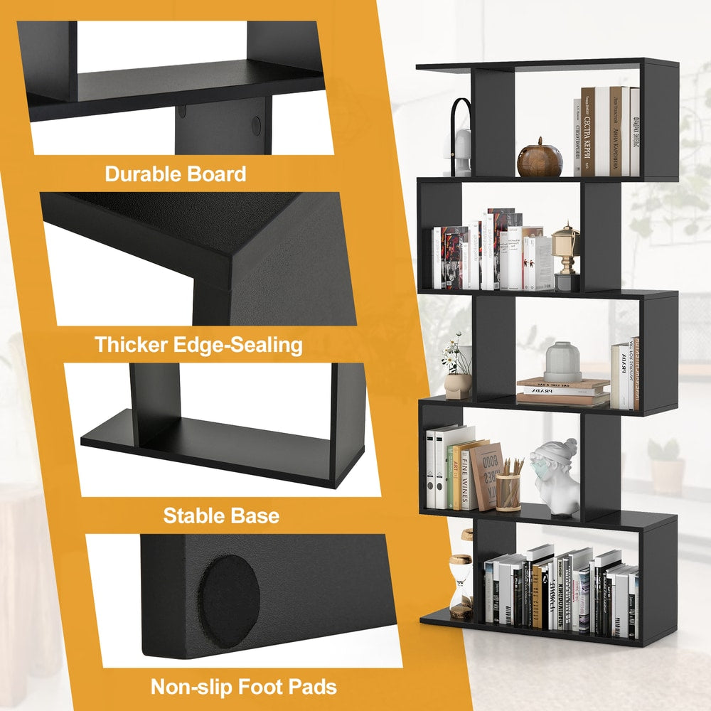 Close-ups of the geometric S-shaped bookcase showing durable board, edge sealing, stable base and non-slip foot pads