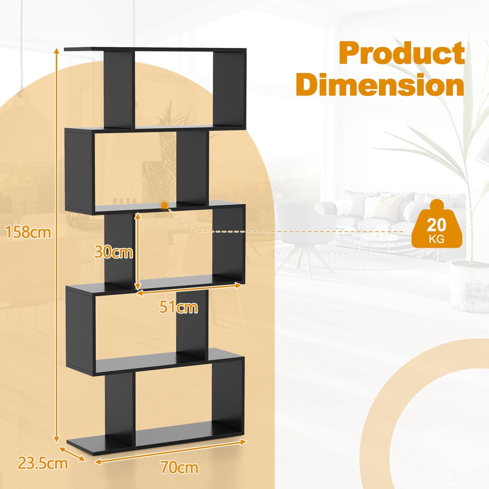 The geometric S-shaped bookcase shown with dimensions and weight information