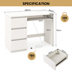 Specification diagram showing the dimensions of the white computer desk and one of its drawers